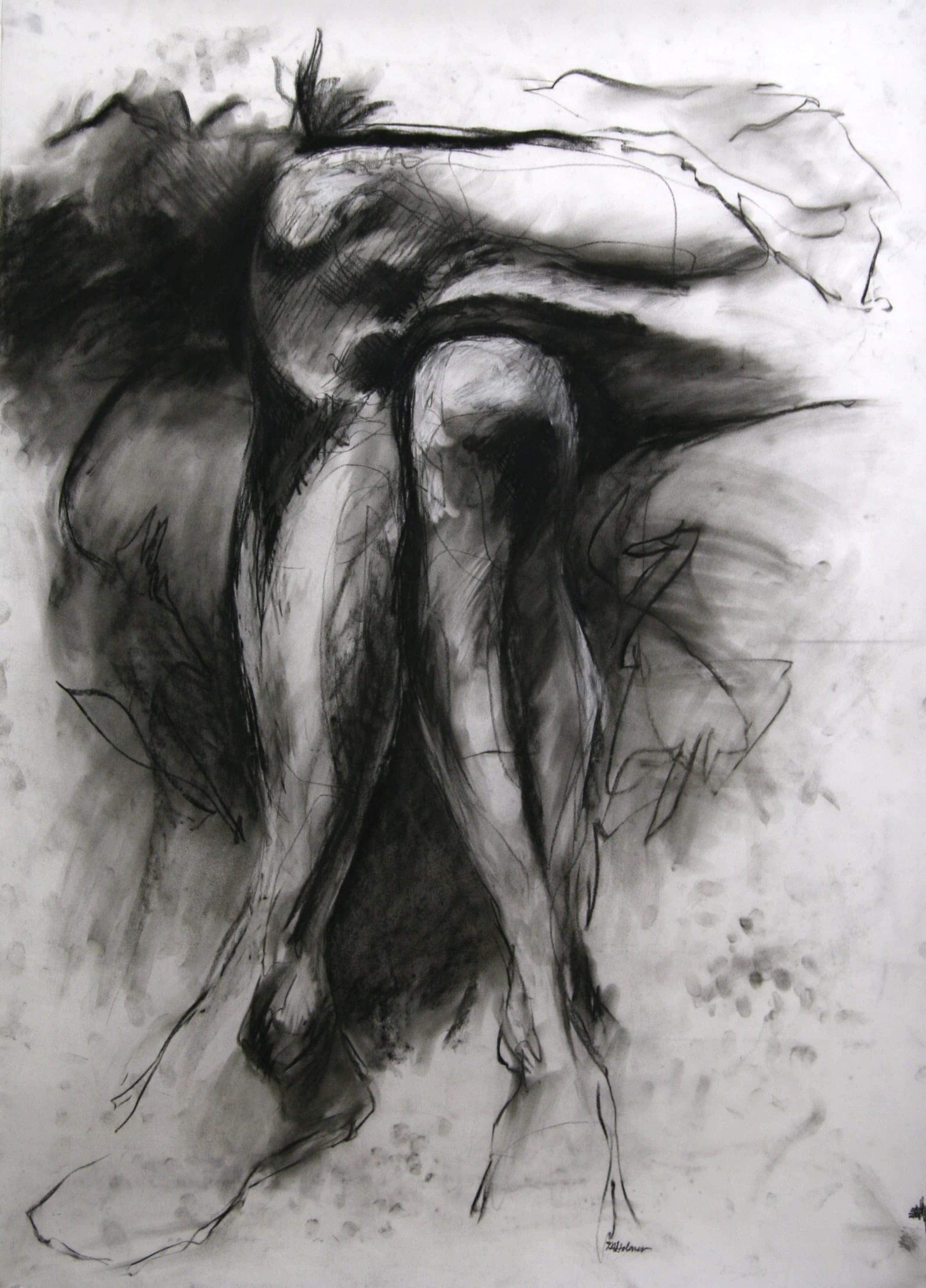 Charcoal drawn seated crossed legs on a light background