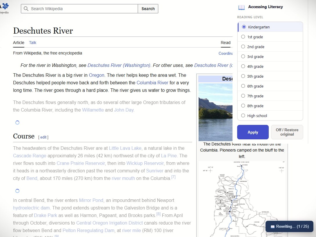 Screen shot of a Wikipedia page with the paragraphs being translated to a different reading level