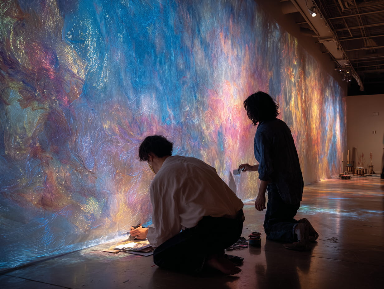 Two artists collaborating on a large-scale artwork.