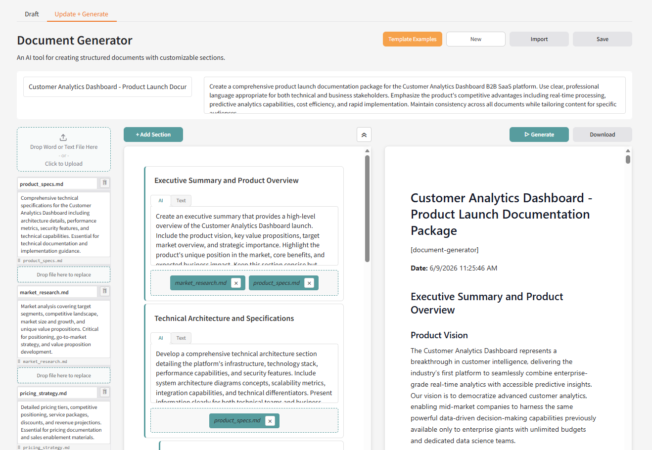 UI for an app to generate documents using prompts and manual text