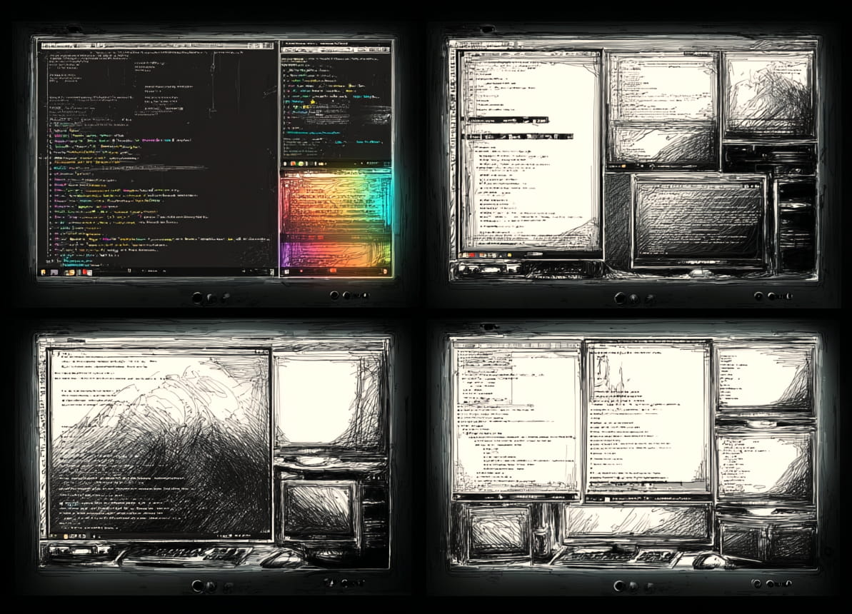 An AI rendered image of multiple terminals open simultaneously, in a sketched hand drawn style