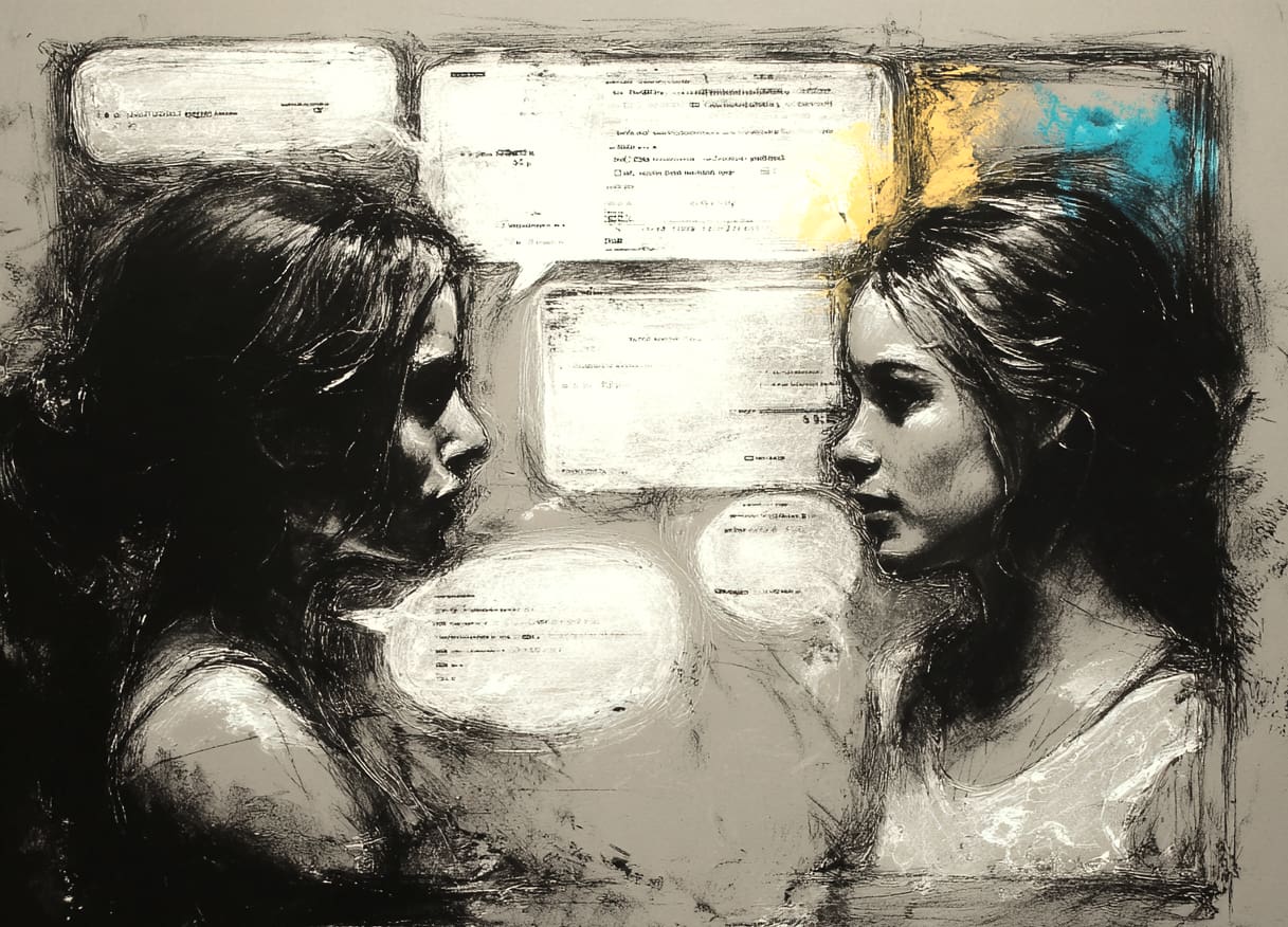 An AI rendered image of two people speaking, represented by chat bubbles, in a sketched hand drawn style
