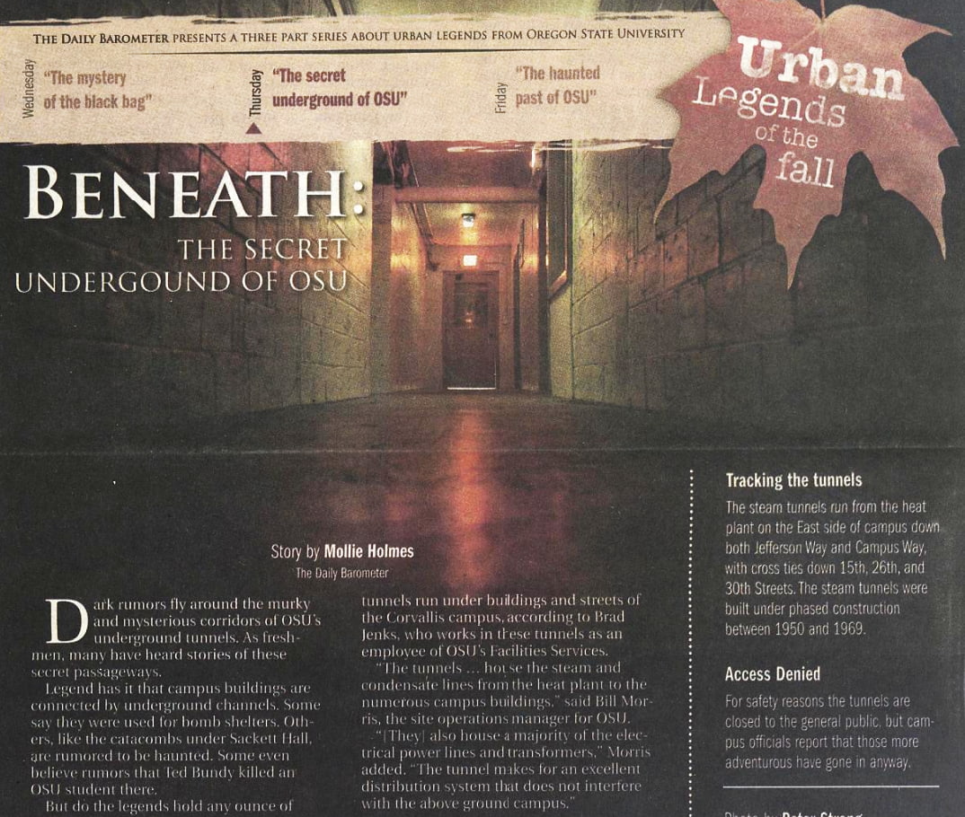 Newspaper clipping of the Urban Legends of the Fall series, showing a tunnel underground
